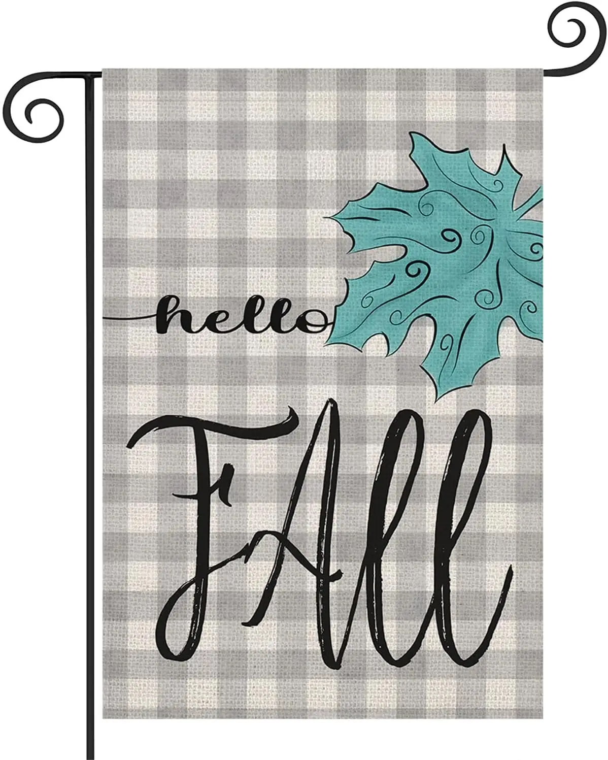 Hello Fall Maple Leaves Garden Flag 12.5x18 Inch Double Sided Vertical Yard Flags Grey Buffalo Plaid Seasonal Autumn Leaf Ru yyi