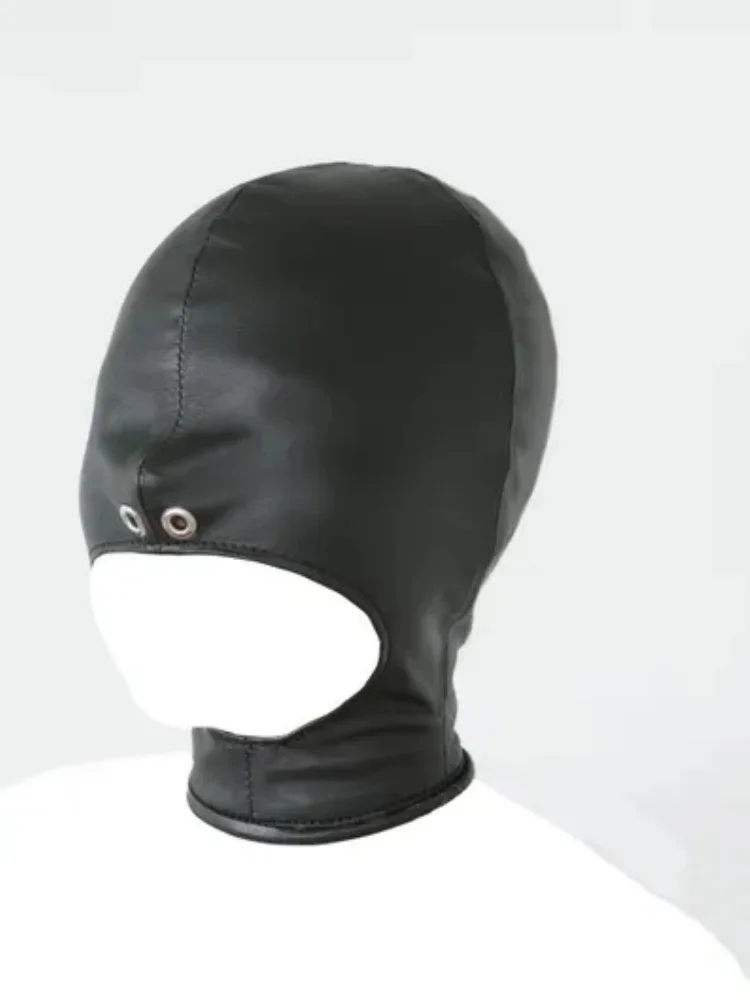 Halloween Slave Adult Unisex Pu Black Leather Half Face Mask With Exposed Eyes Hood Straps Full Body Bondage Headdress Role Play