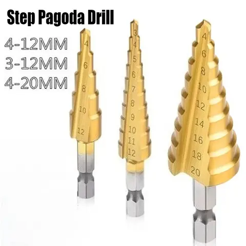 Hss 강철 티타늄 코팅 스텝 드릴 비트 3-12mm 4-12mm 4-20mm 스텝 콘 절단 도구 강철 목재 금속 드릴링 전원 세트