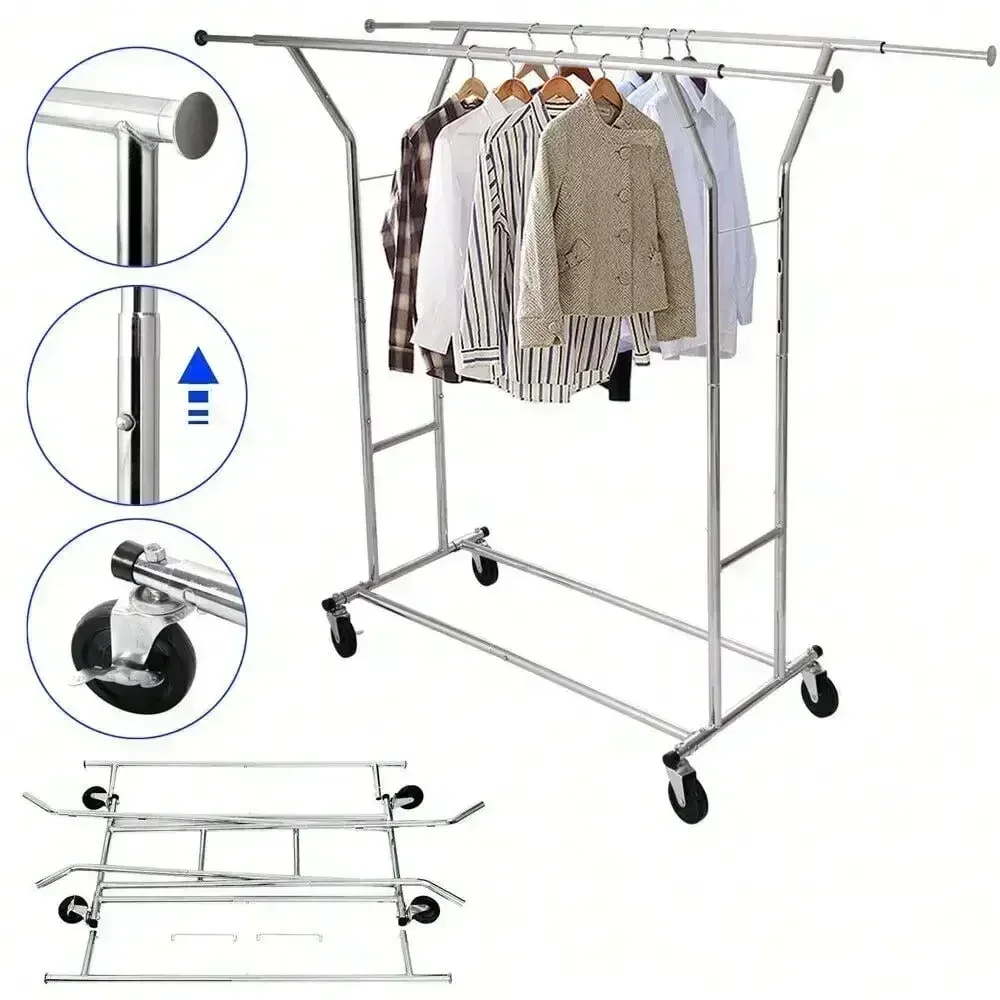 Commercial Grade Clothing Rolling Double Garment Rack Hanger Holder on Wheels