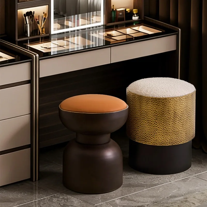 Mid-Century Metal Round Stool Modern Bedroom Soft Padded Seat Nordic Entryway Shoe Ottoman for Living Room Rest Single Chair