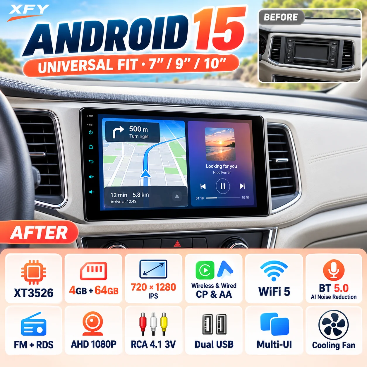 XFY 7/9/10 In 2Din Android 15 Car Radio 4GB 64GB CarPlay Android Auto WiFi 5 BT 5.0 AHD1080P RCA 4.1 IPS Stereo Dual USB Radio