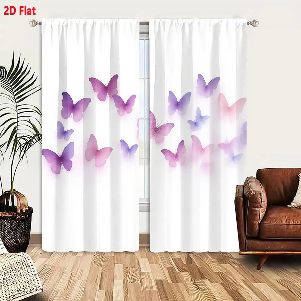 2Pcs Curtains 2D Flat Soft Lavender And Pale Pink Butterflies Scattered On White Background Window Drapes for Bedroom Room Decor