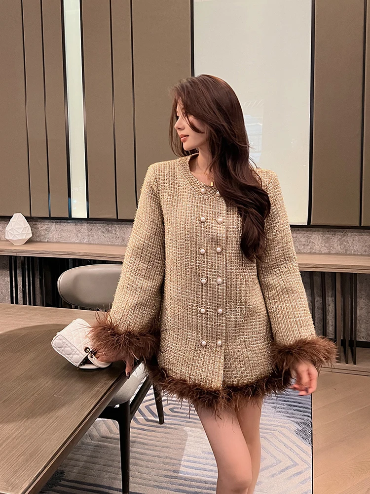 

Autumn Winter New Sle Golden Coffee Color High-End Small Fraance Wind Coat Women Faionable Rich Girl Double Button Coat