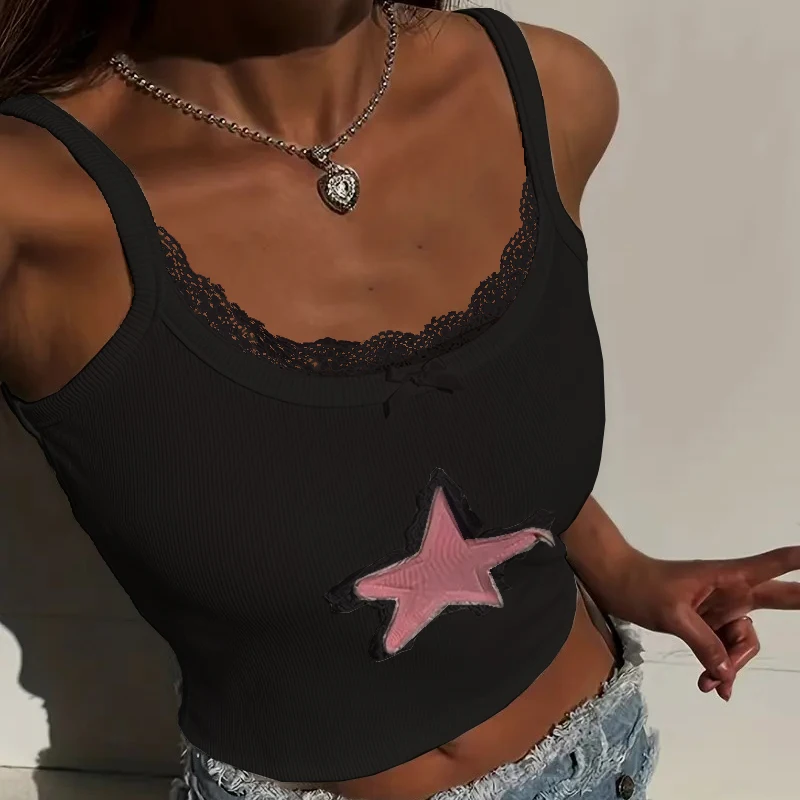 Women S Fashion Lace Tank Tops Sleeveless Vests Summer Slim Fit Crop Tops Y2K Harajuku Streetwear Stars Low-Cut Design T-shirt