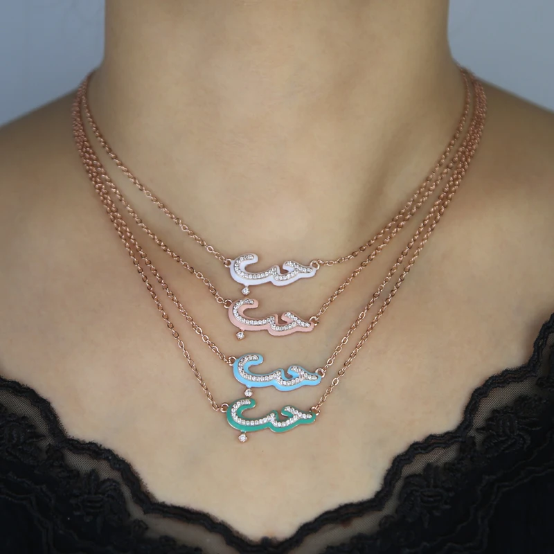 Rose Gold Plated Pastel Enamel 5A Cubic Zirconia CZ Arabic Love Letter Pendant Fashion Women Necklace Wholesale