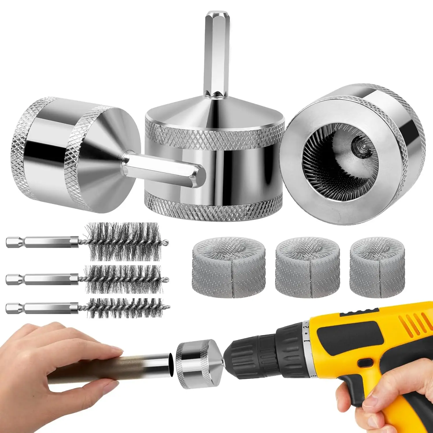 Metal Copper Pipe Cleaner Set - with Replaceable Blades, Tube Cleaning Brush for Power Drill, Removing Stains and Paint
