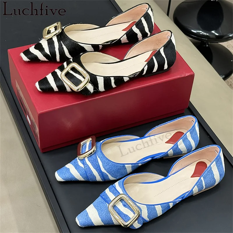 

Zebra-stripe Pointy Toe Flat Shoes Women Horsehair fur Designer Summer Flat Shoes Sexy Luxury Fashion Famous Ethnic Shoes Woman