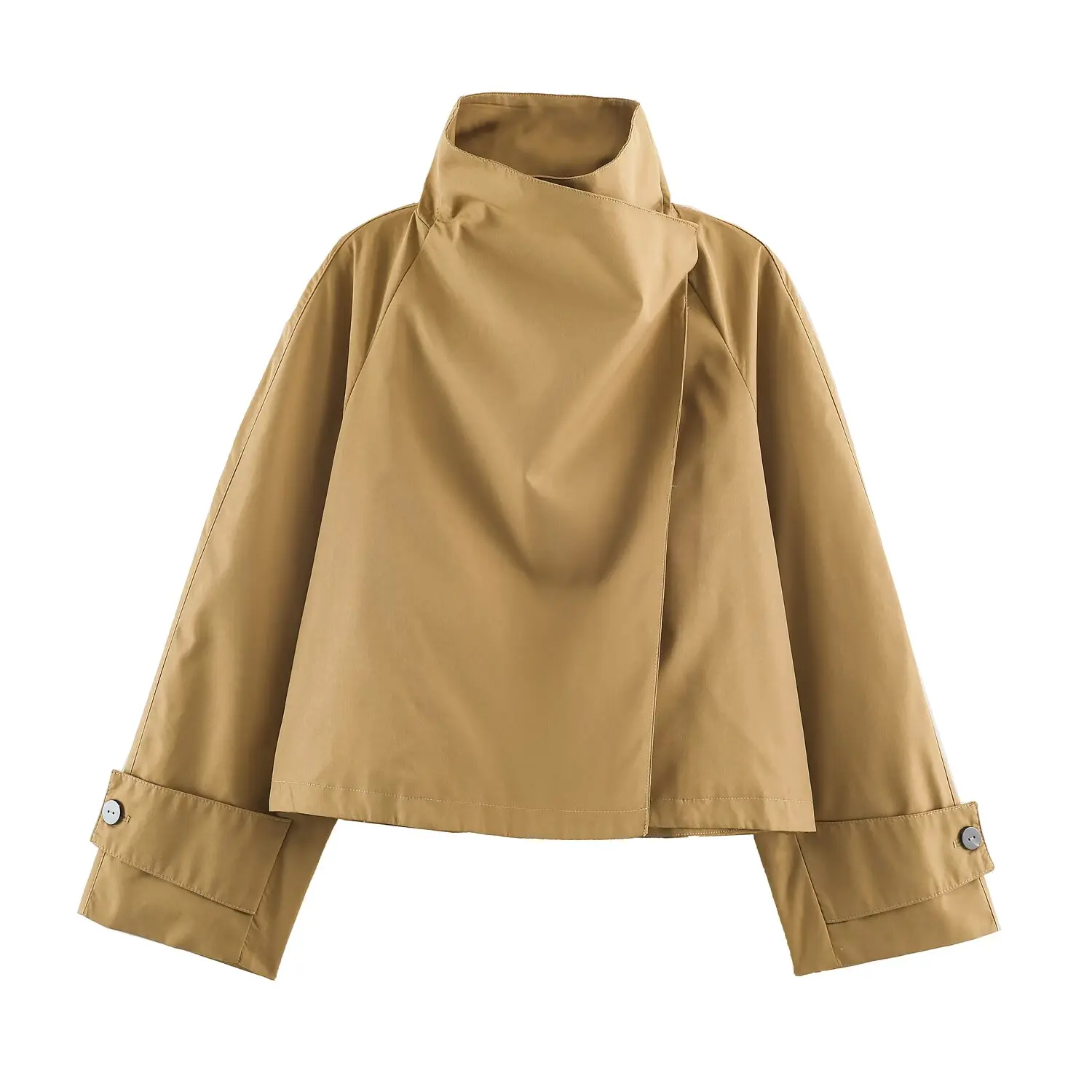 BSAY Autumn Women Vintage Loose Stand Collar Short Trench Coat Long Sleeve Asymmetric Wrap Front Raglan Sleeve Casual Outerwear