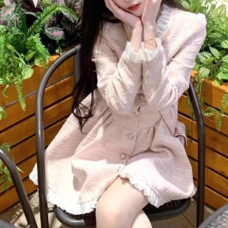 Pink Dresses Women Long Sleeve Autumn Lace Patchwork Design Elegant Korean Style Temperament Slim Gentle Sweet Girl Students OL