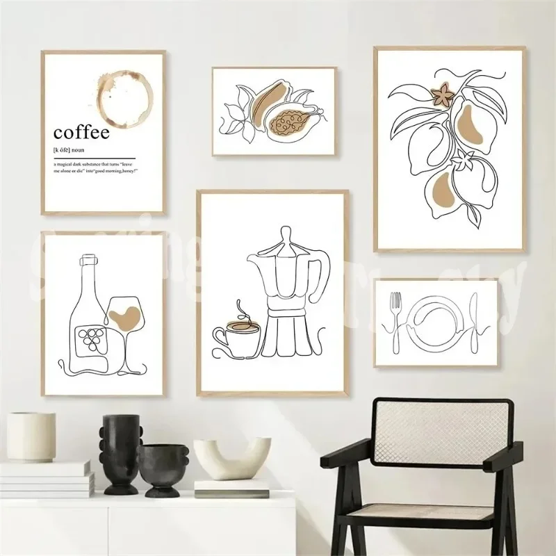 Abstract One Line Drawing Coffee Cup Woman Dinnerware Wall Art Canvas Painting Nordic Posters And Prints Pictures Kitchen Decor