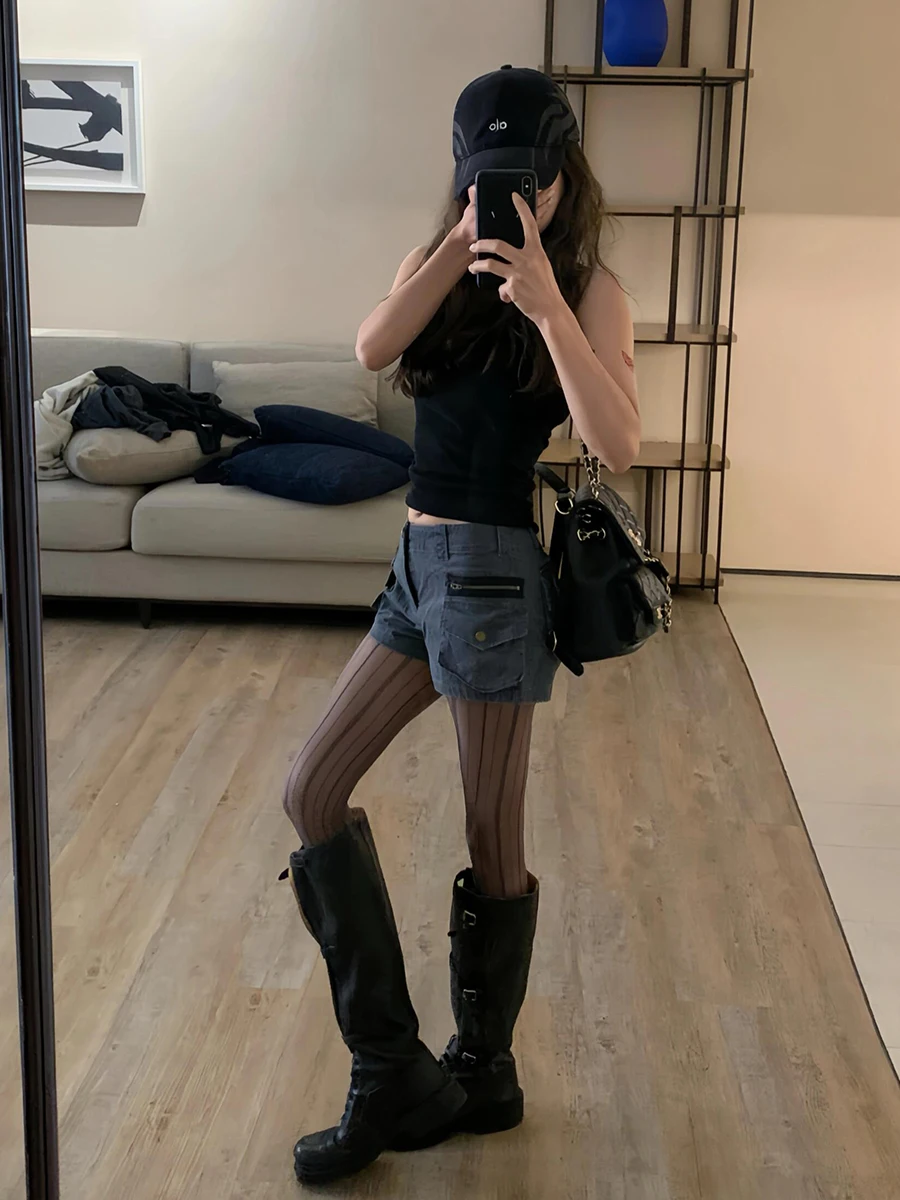 ReddaChic Acubi Fashion Gray Denim Shorts Low Rise Pockets Cargo Cropped Jeans Tight Bootypants Harajuku Summer Women Streetwear