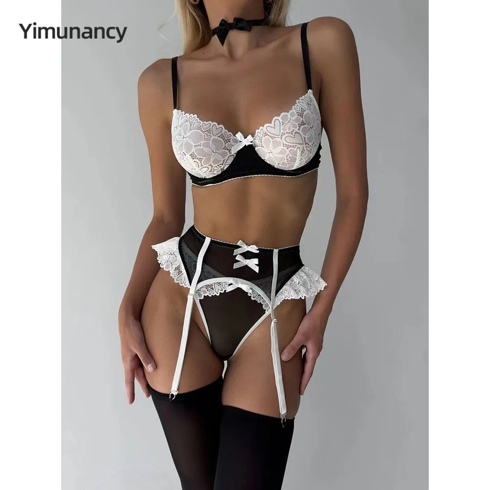 Yimunancy Bow Choker Maid Lace Patchwork Lingerie Set Women 5-Piece Ruched Ball Brief Garter Kit