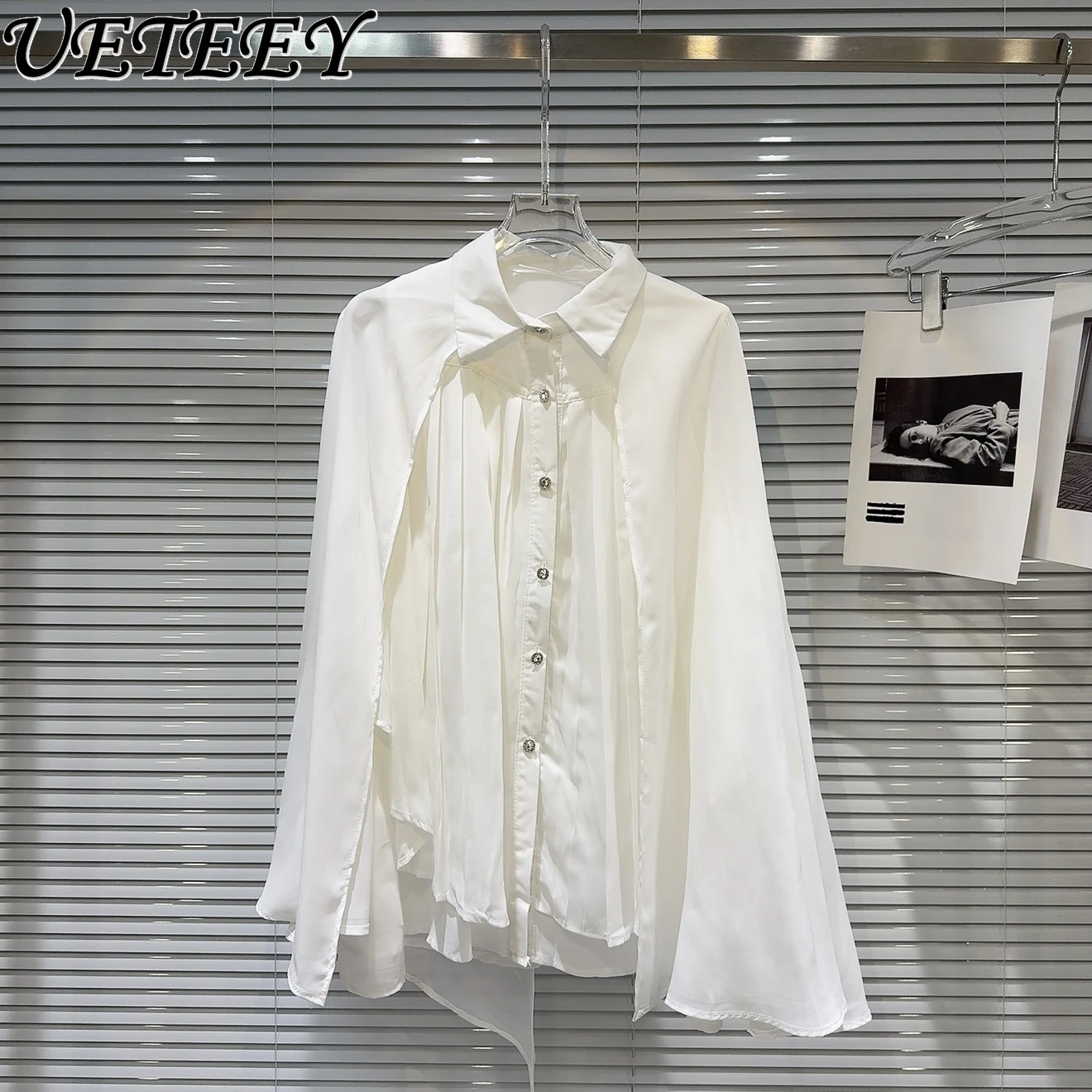 

Spring and Summer New French Celebrity Single Breasted Cape Top White Belt Pleated Design Shawl Sunscreen Shirt for Women