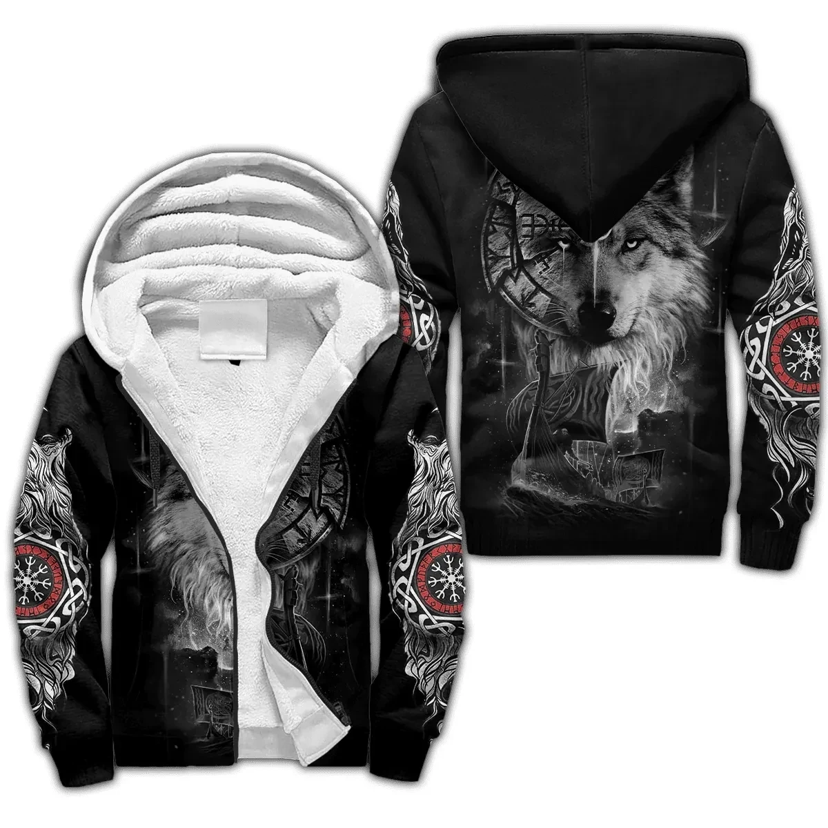 Men's Fashion Zipper Hoodie Odin Raven Fenrir Wolf Tattoo 3D Print Winter Thick Zipper Hoodie Unisex Casual Hooded Wool Jacket