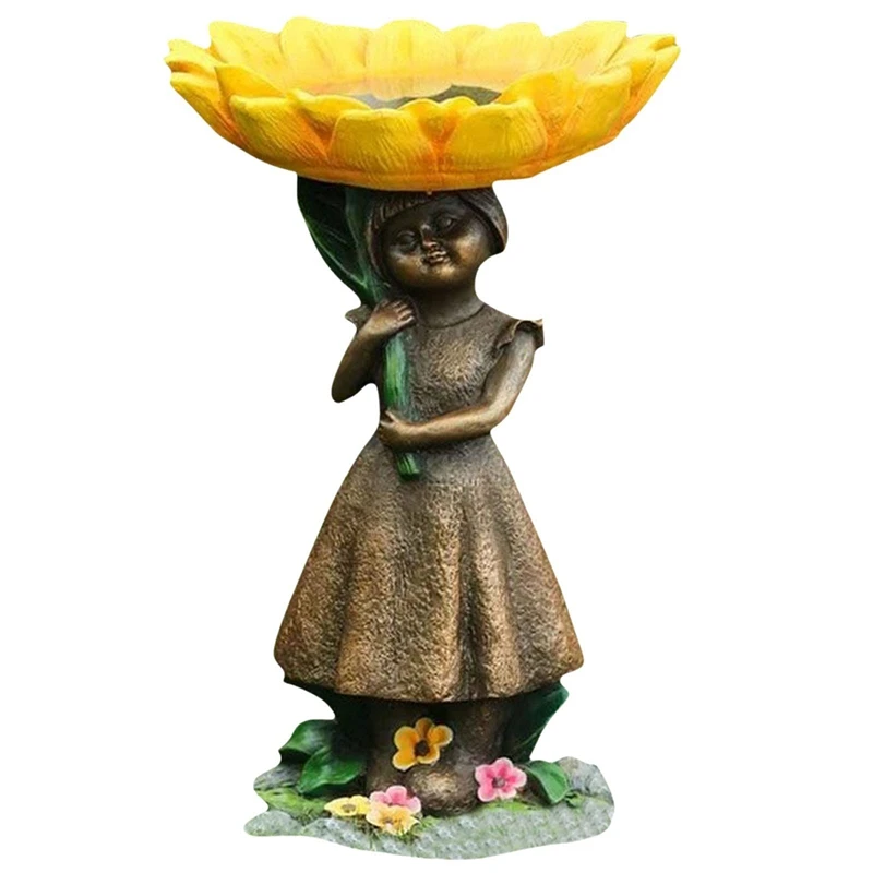 Outdoor Bird Bath Bowl Sunflower Girl Resin Pedestal Fountain Decoration For Yard Garden Planter Base Feeder Decor