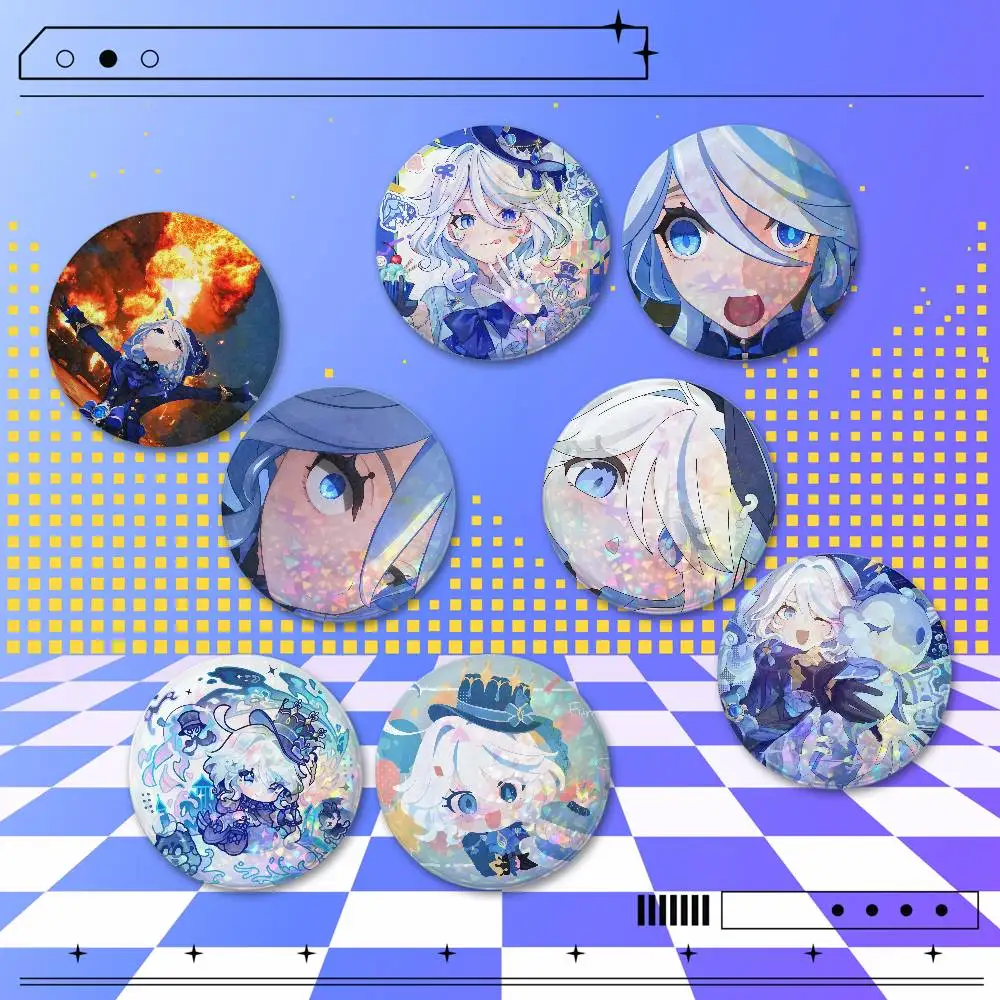 Genshin Furina 2 Pcs Set Holographic Round Button Badges Custom Pins for Backpack Clothes Hat Bag Accessories
