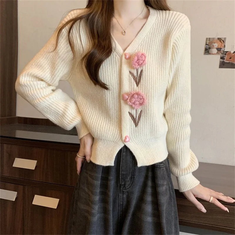 

Осень-зима женская одежда с v-образным вырезом однотонный цветочный фонарь с длинным рукавом вязаный крючком кардиган с цветочным принтом свитер куртка вязаные пальто топы