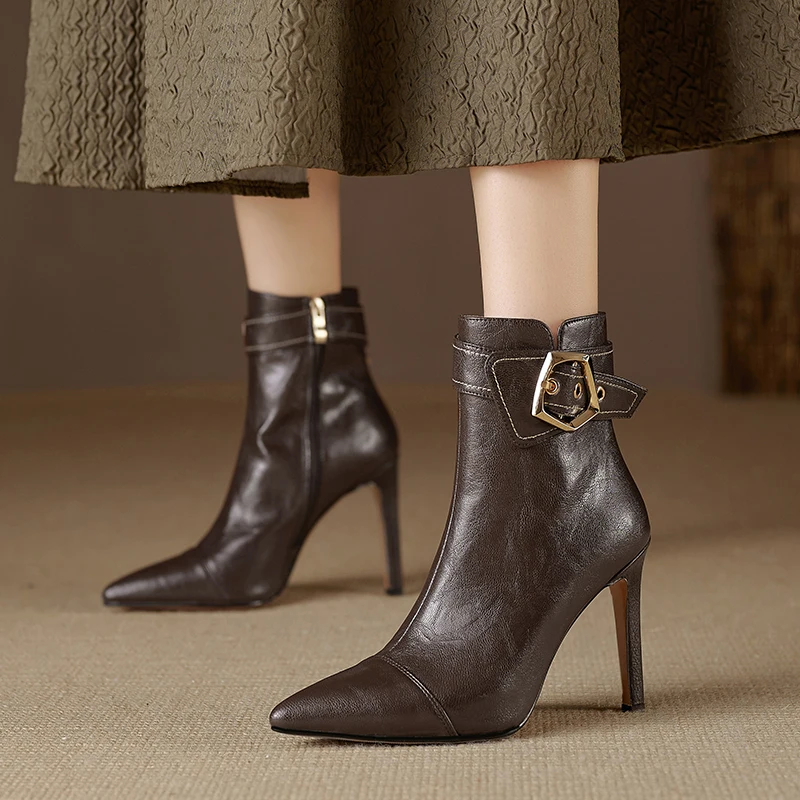 2027 Split Leather Stiletto Heels Square Buckle Strap Ankle Boots Women Black Pointed Toe Short Booties Elegant Banquet Shoes