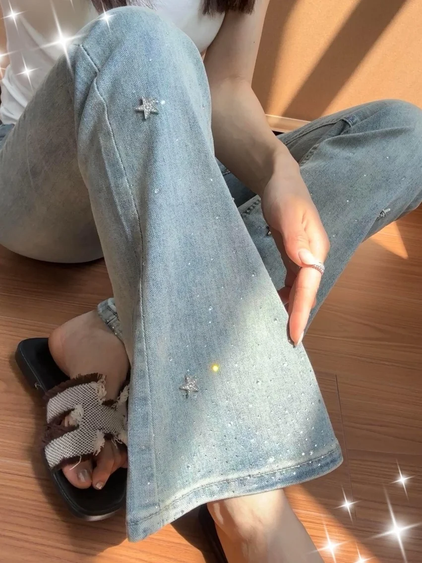 

High Waist Bell Bottom Jeans Women's Summer New Style Elastic Slim Fit Rhinestone Star Decorated Denim Pants Korean Style