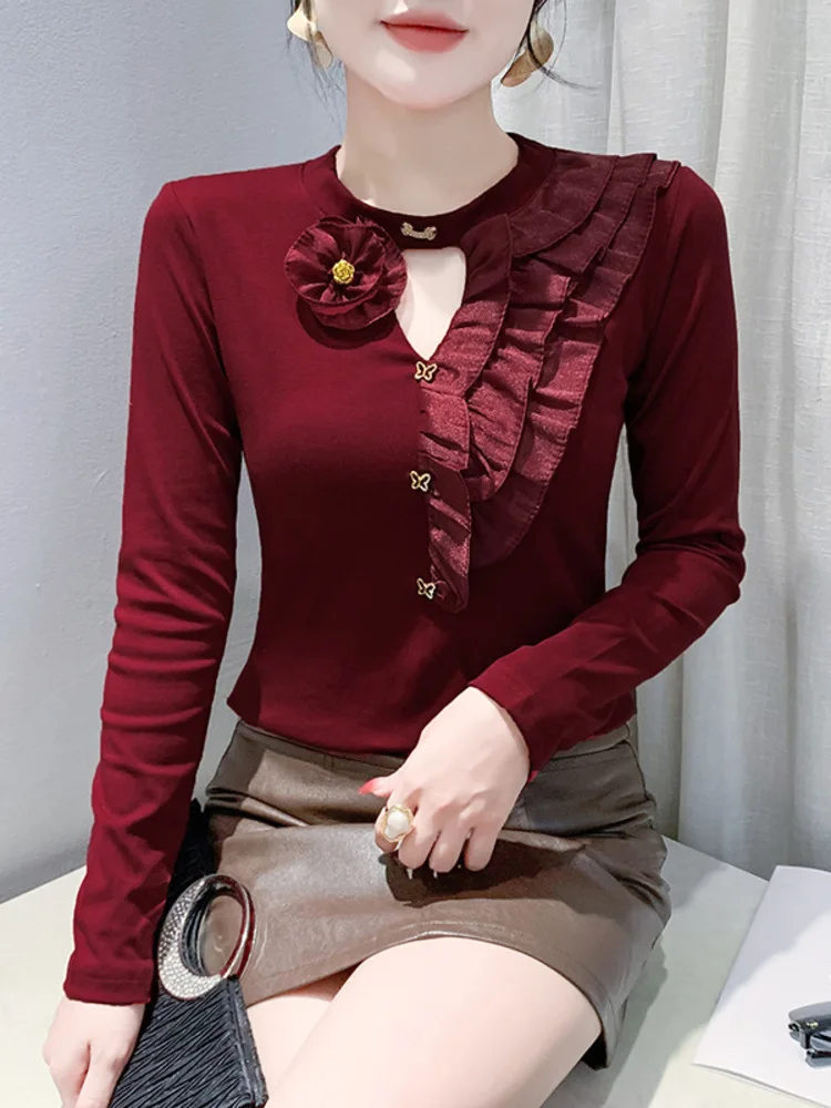 2025 Autumn/Winter New Fashionable Hollow Out Design With Round Neck Temperament Small Shirt, Slim And Stylish Long Sleeve For