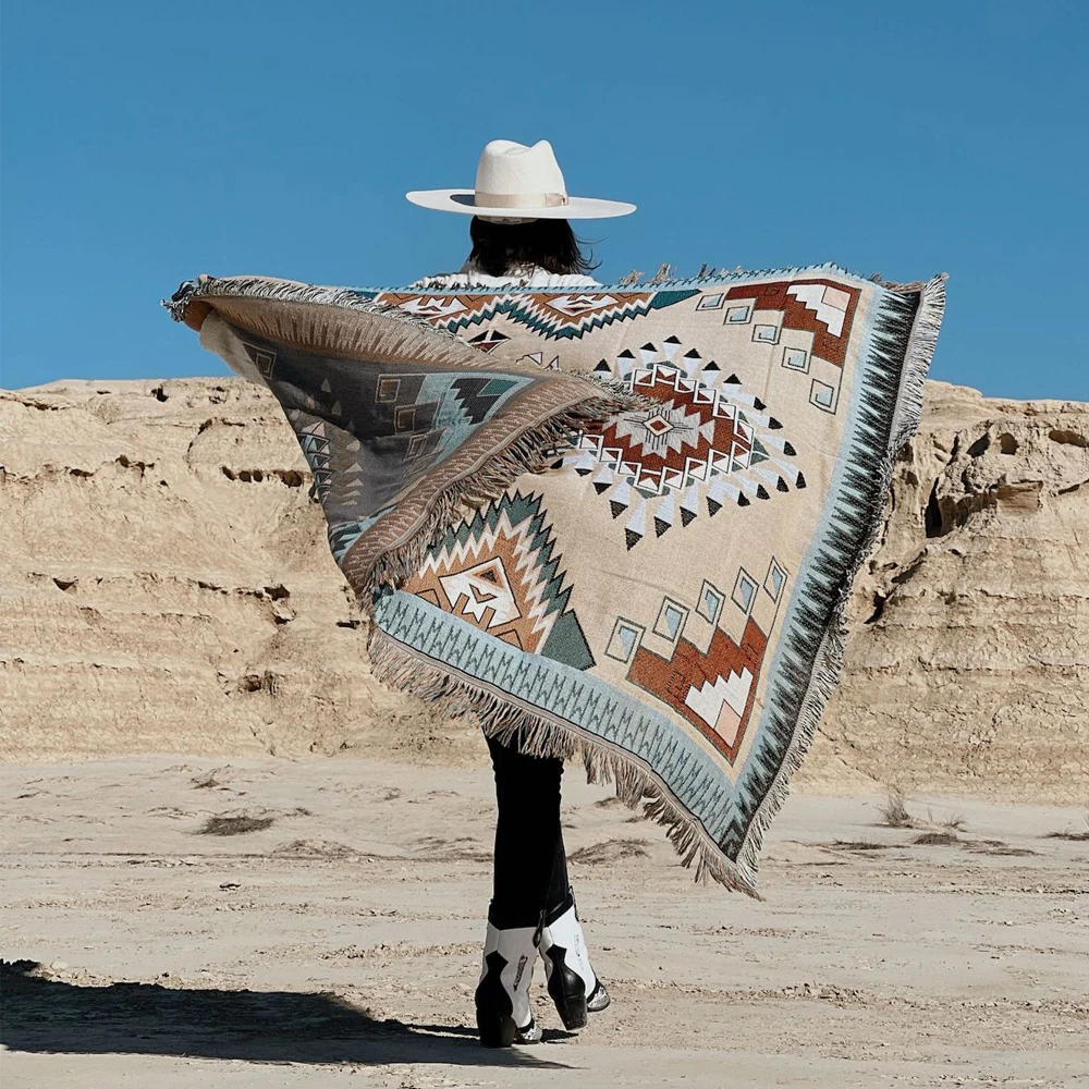 Outdoor Shawl Blanket Sand Prevention Cape Picnic Mat Nordic Moroccan Camping RV Quilt Desert Carpet Geometric Abstract Patterns