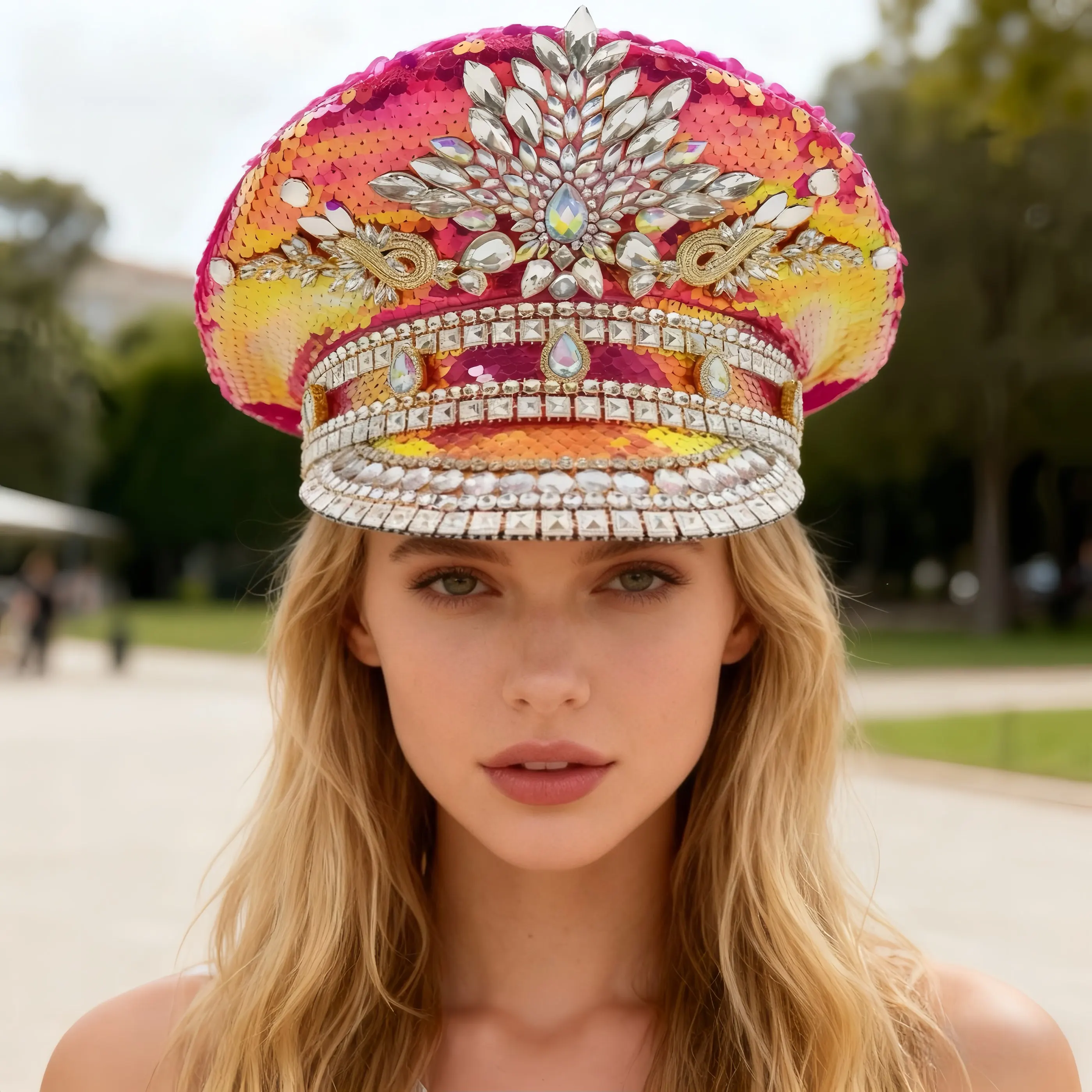 ホンルアン イエローレーザーレザーループキャプテンハット ラインストーン＆ミリタリーキャップ 女性用、レイブフェスティバルアクセサリー＆パーティーキャップ男性用