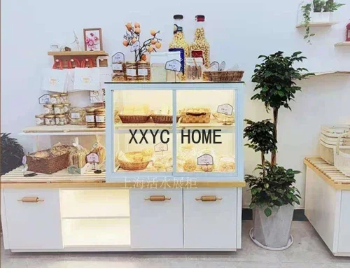 خزانة عرض الخبز المصنوعة من الخشب الصلب، باب منزلق مفتوح، خزانة جانبية محكمة الغلق، متجر الكيك، رف زجاجي ياباني