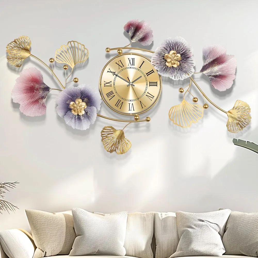 

Large wall clock, creative metal ginkgo biloba decorative clock, wall clock with silent sports decoration, large wall decoration