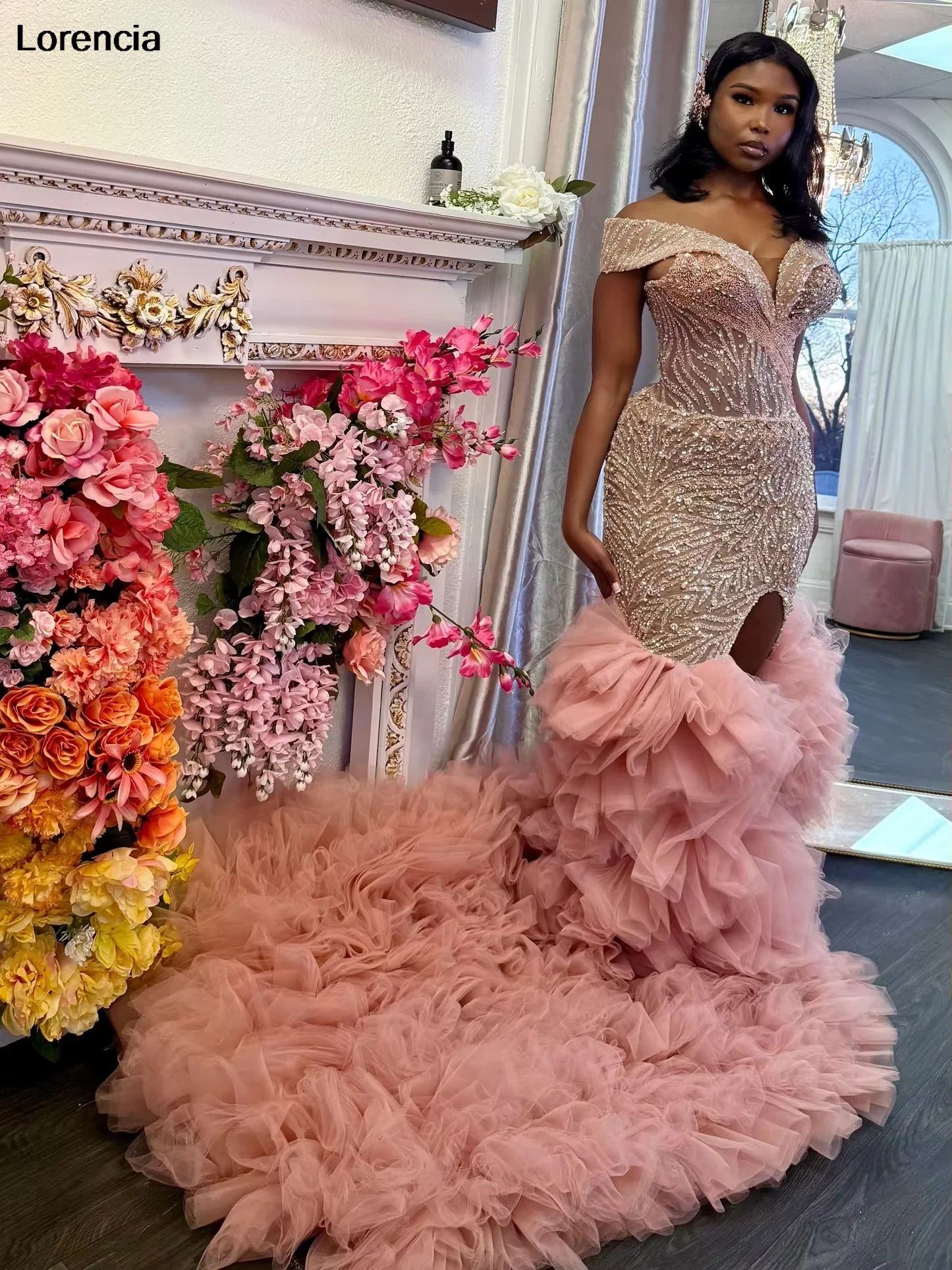 Customized Luxury Beading African Evening Dress Black Girls Birthday Dress Slit Tiered Asoebi Party Gown Robe De Sorrie YPD391