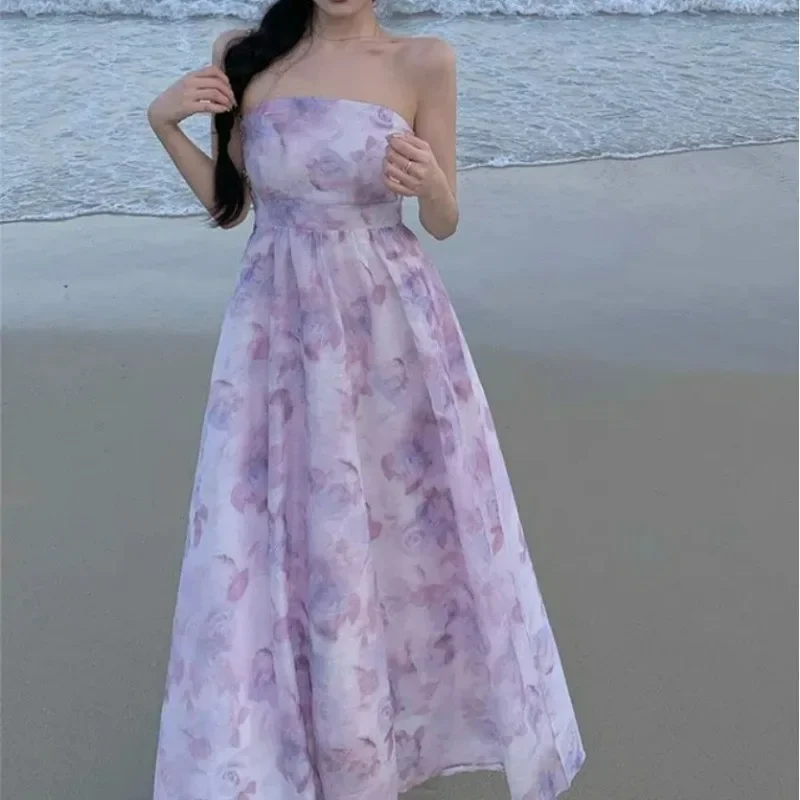 Women Summer Floral Print Sexy Off Shoulder Backless Elegant Party Dresses High Waist Lace-up Sleeveless Slim Beach Maxi Dress