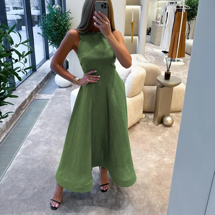 Elegant Simple Commute Women's round Neck Vest Dress High Waist A-Line Skirt Polyester Fiber No Sleeve Summer Fashion
