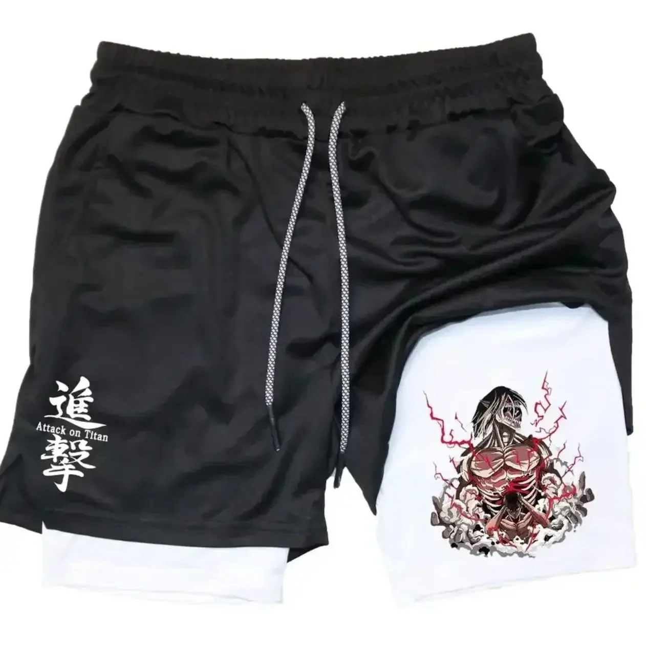 Attack on Titan2026 Nieuwe Hot Anime Heren Zwart Wit Tweelaags Sportshort met Gespierde Titan Print Binnenvoering Rood