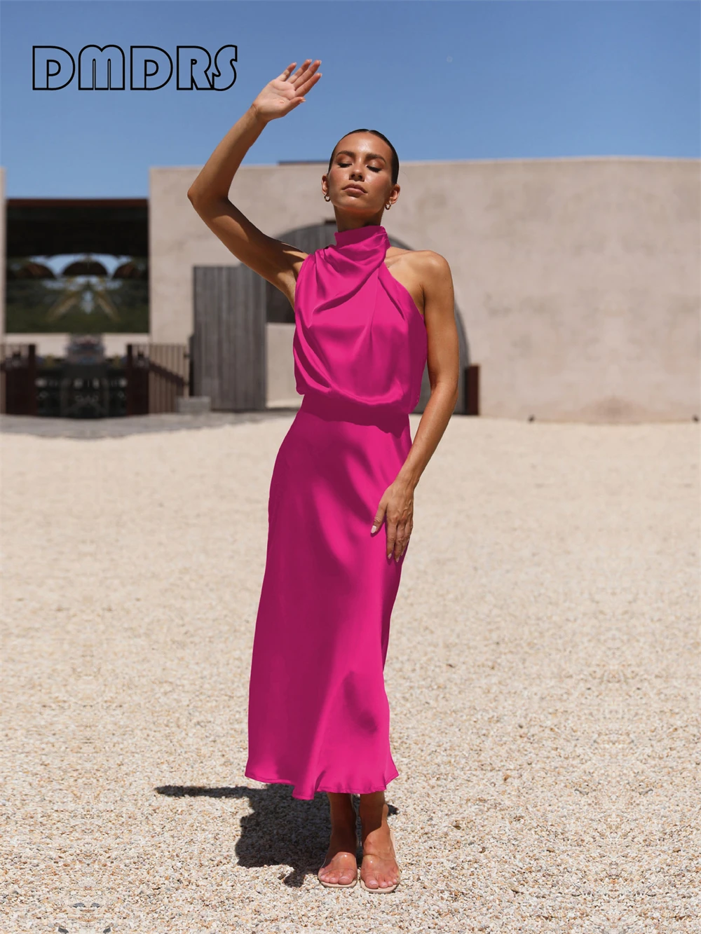 

Summer Satin Women Dress Sleeveless Solid Women's Prom Dresses Many Colors Half High Neck Party Formal Gown