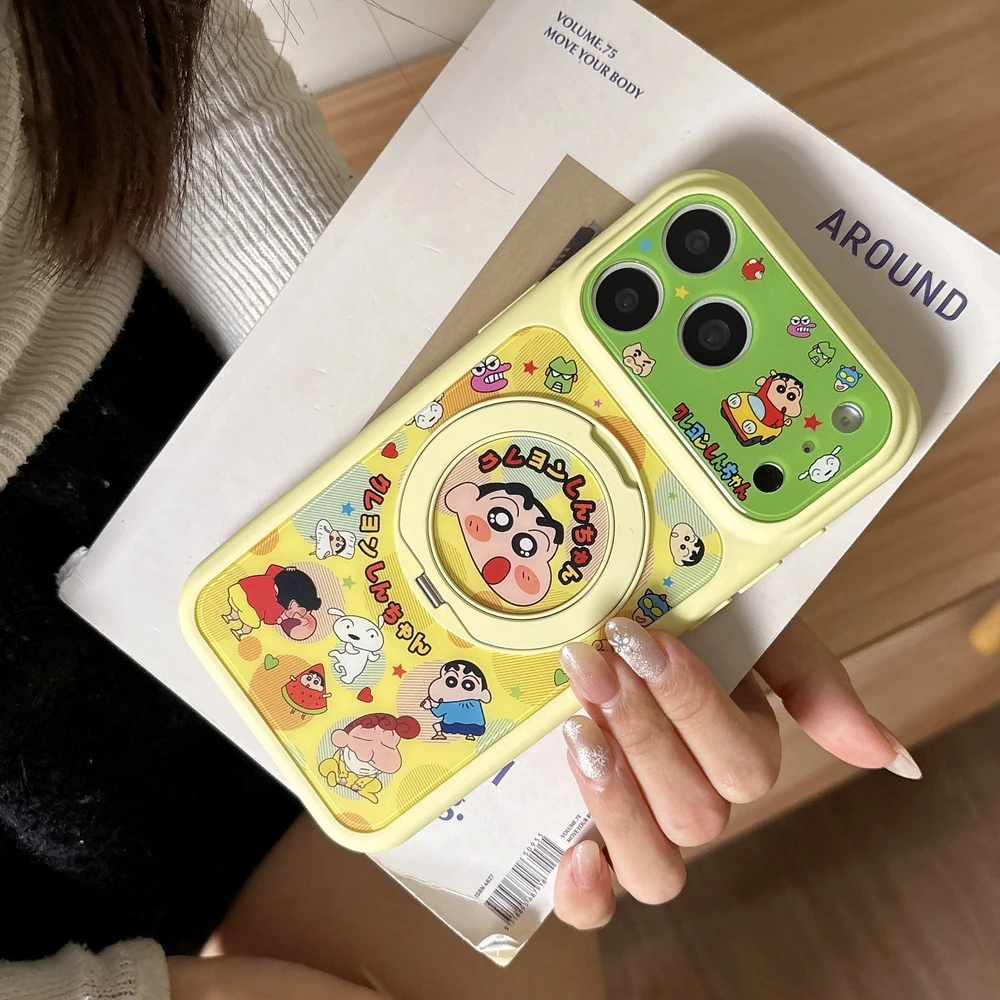Cute Cartoon Japan Anime Crayon Shin-chan 360°Rotation Stand Phone Case For iPhone 17 16 15 Pro Max Cases With Ring Holder Cover