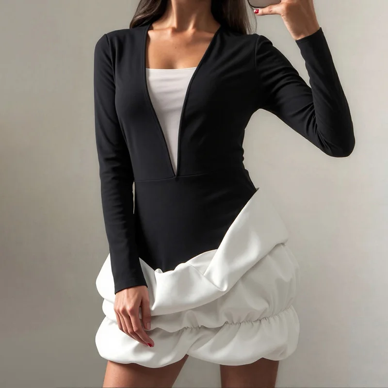 

Ticketsx Fashion Contrast Slim Dress Sexy V-Neck Ruched Patchwork High Waist Mini Dress Women Autumn High Street Party Clubwear