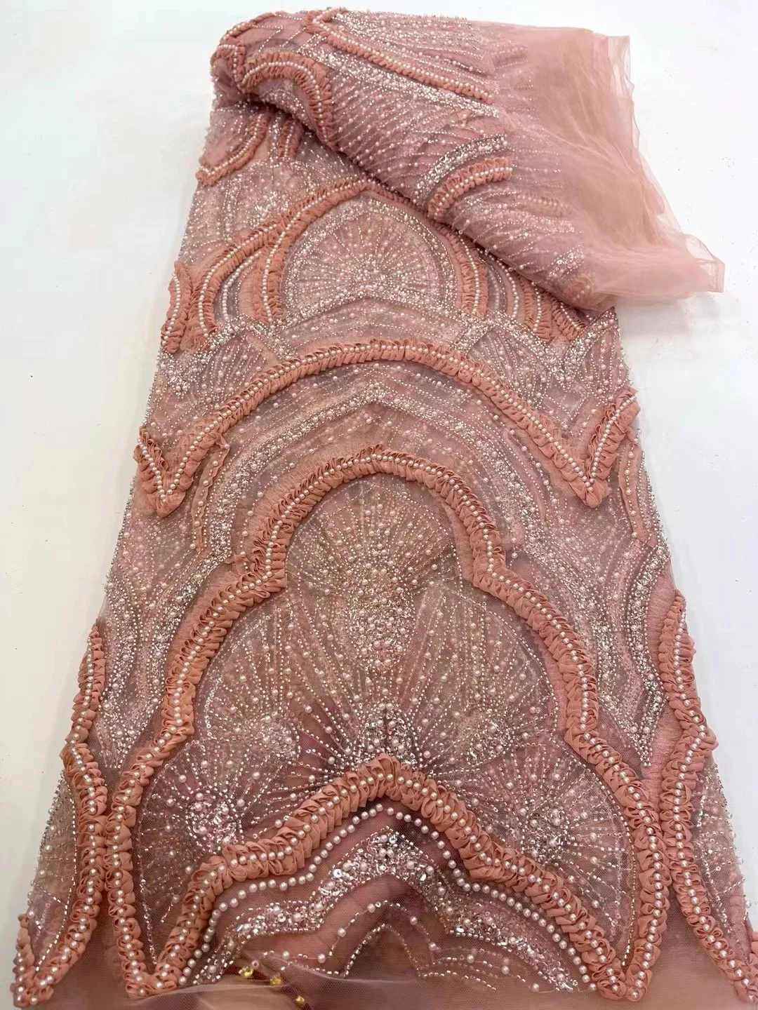 

African Beaded Lace Net Fabric, Nigerian Wedding Material,Luxury Sequins Beads Fabric for Sewing,High Quality,5 Yards,2025,LY662