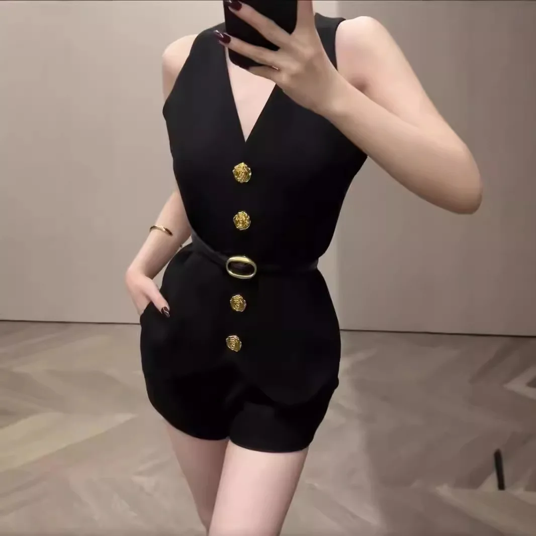 

customized women's adult fashion clothing high-end design clothing temperament rose metal buckle slim fit V-neck elegant vest