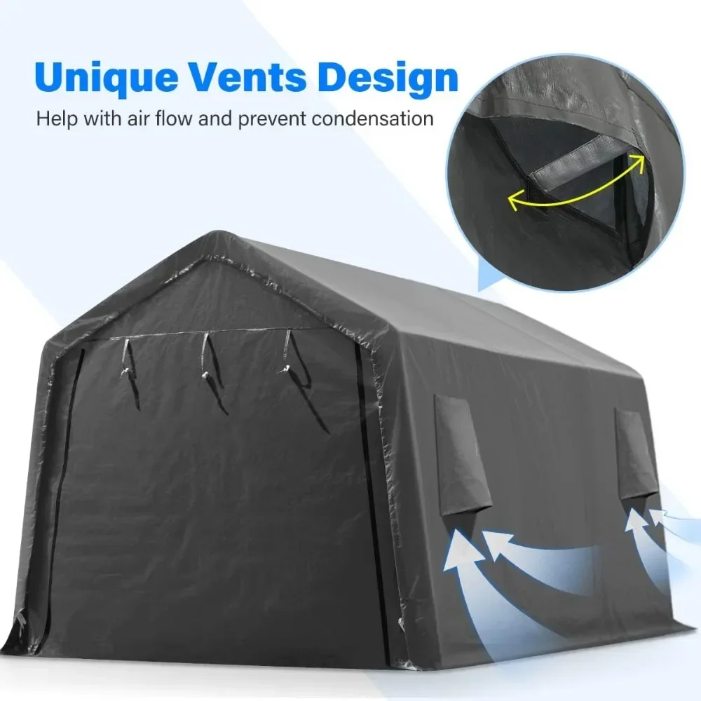 

10X15 ft Garage Shelter Steel Metal Peak Roof Portable Storage Shed Carport for Motorcycle Boat, or Garden Tools with 2 Roll up