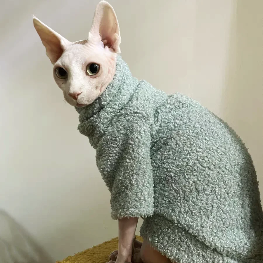 Winter Blue Sweater for Sphynx Cat,Warm Lamb fleece long sleeves Thick Coat For Devon Rex Small Dogs, Soft Warm Pajama for a Cat