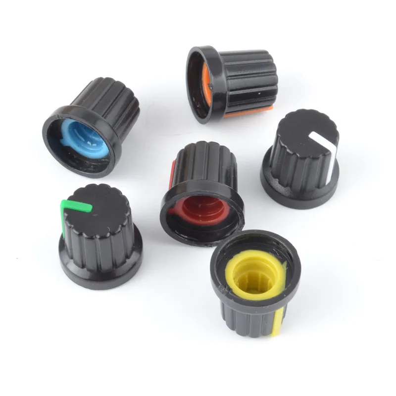 12 Pcs WH148 6mm Shaft Hole Dia Plastic Threaded Knurled Potentiometer Knobs Caps 5 colors Yellow Orange Blue White Red