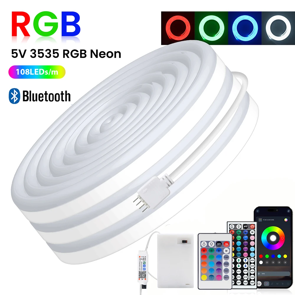 

Bluetooth RGB LED Neon Strip Light 5V 3AA Battery Box 17Key 24key 44key Remote Control 108Leds/M 1M 2M 3M Waterproof Home Decor