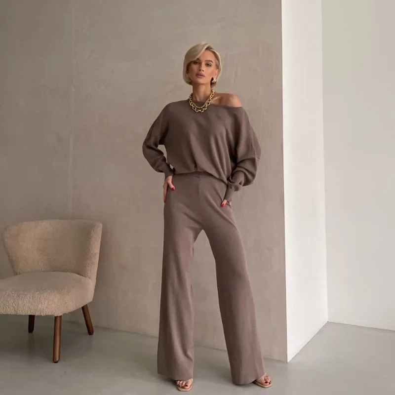 Elegant Loungewear Knitted 2 Piece Set Knit Pants and Sweater Suit Women Casual Winter Knitted Two Piece Sets Women 2024