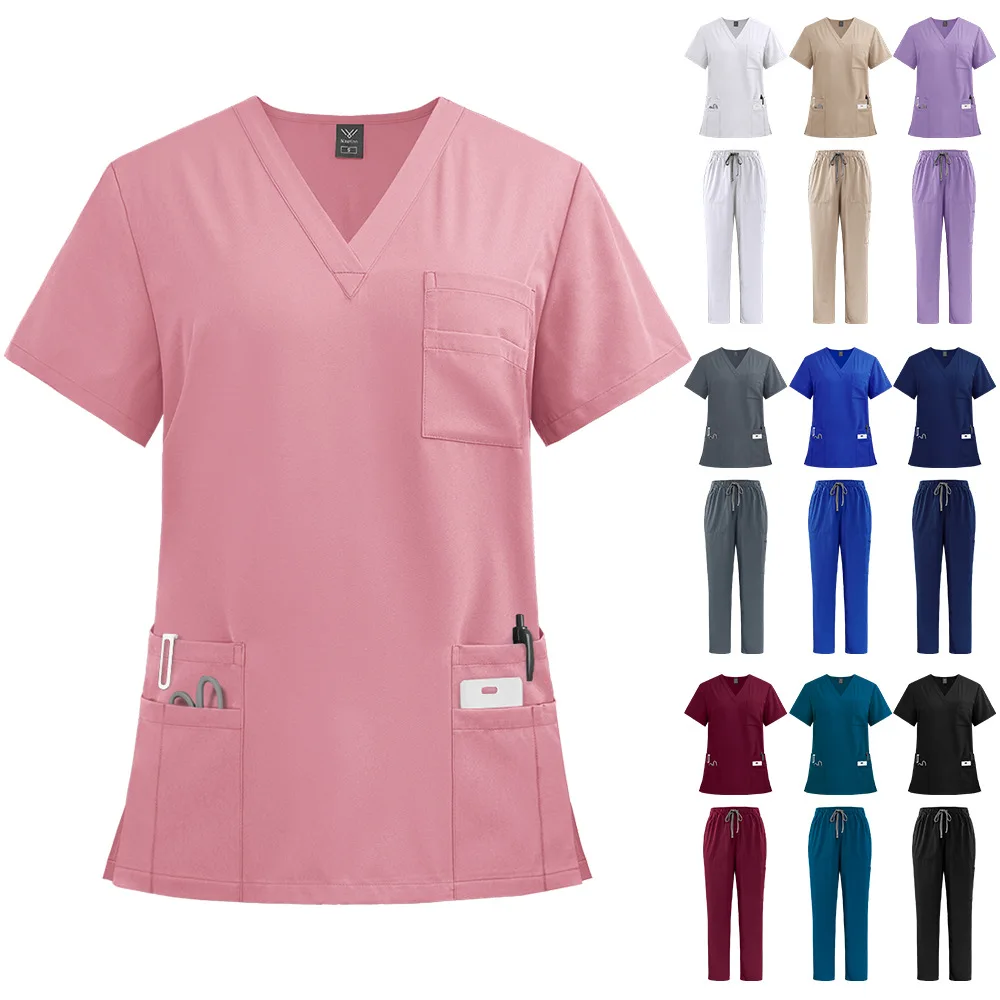 

2024New neutral V-neck nursing suit, beauty suit, nurse frosted set, doctor's and dentist's work suit, clinical top and pants