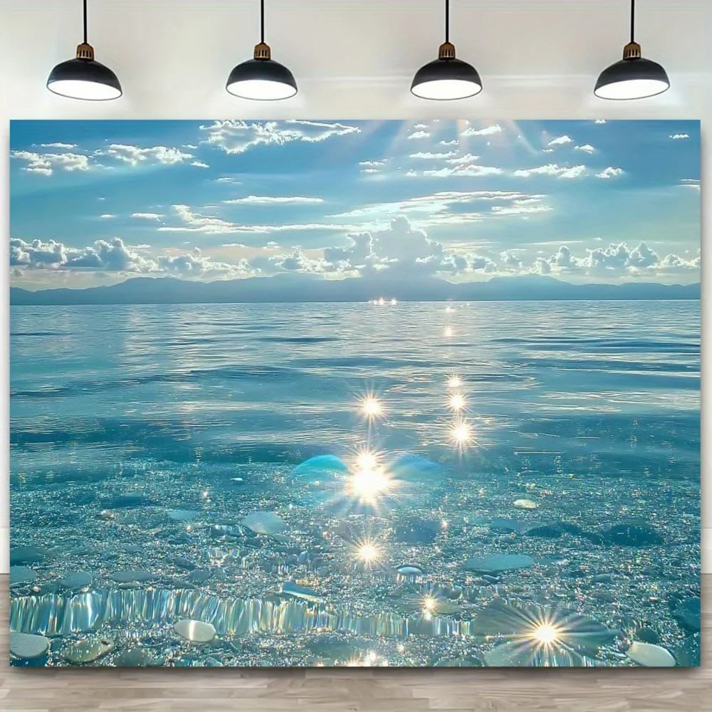 2D-Hintergrundstoff mit romantischem blauem Ozeanmotiv – Glitzernder Meereslandschafts-Partyhintergrund, Polyester-Material