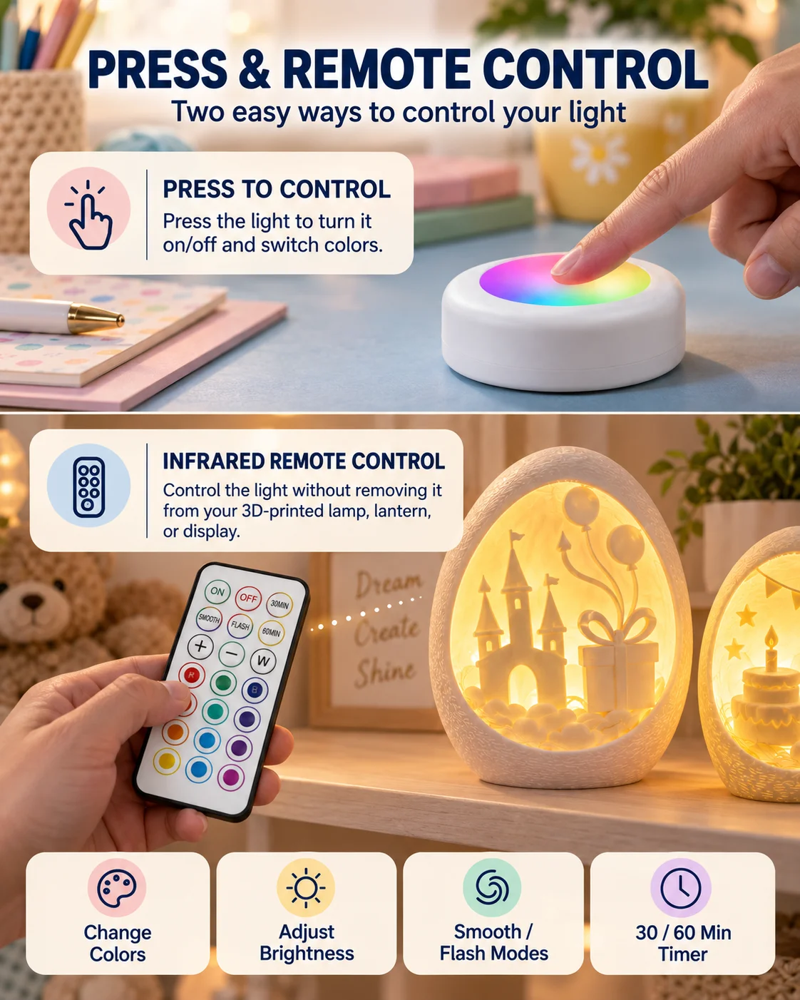 Für Bambu Lab Puck Lights Fernbedienung RGBW Bambu Lab KC007 3D-Drucker Kabelloses 16-Farben Rundes LED-Lampen-Set Timer Dimmbares LED-Kit – Detail 7