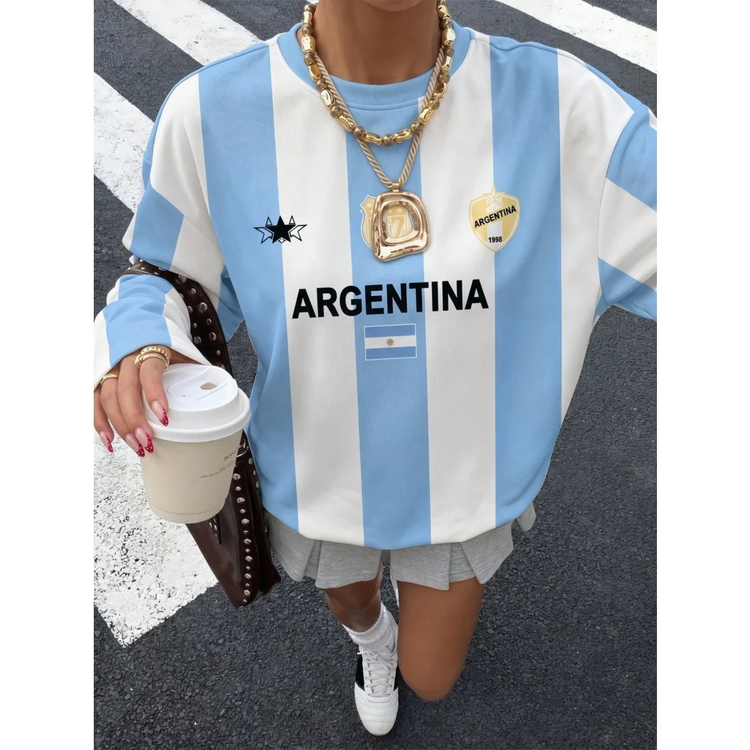 Women's Striped Argentina Pattern Long Sleeve T Shirt Retro Preppy Classic Fashion Street Style Top Argentina Football Jersey