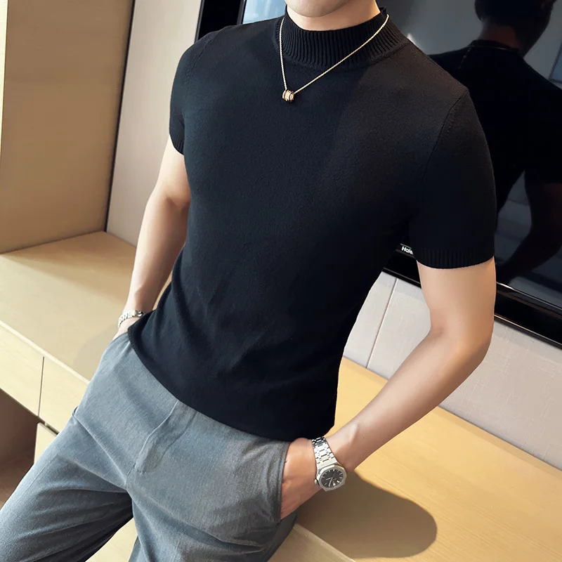 

Knitwear Sweater Korean Popular Clothes Fashion Half High Collar Short Sleeve Sweaters For Men Slim Fit Casual Pullovers Homme