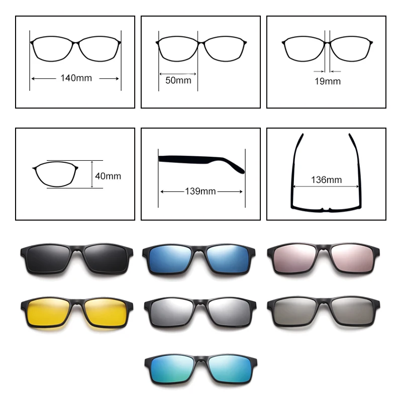 TWO Oclock Flexible Magnet Sunglasses Men Polarized Clip On Glasses Women 7 In 1 Ultra-Light Square Glasses 3D Optic Frame A2247