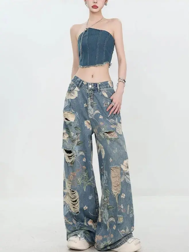 

Y2K Ripped Floral Printed Jeans For Women Harajuku High Waisted Denim Pants Female Retro Casual Streetwear Trousers